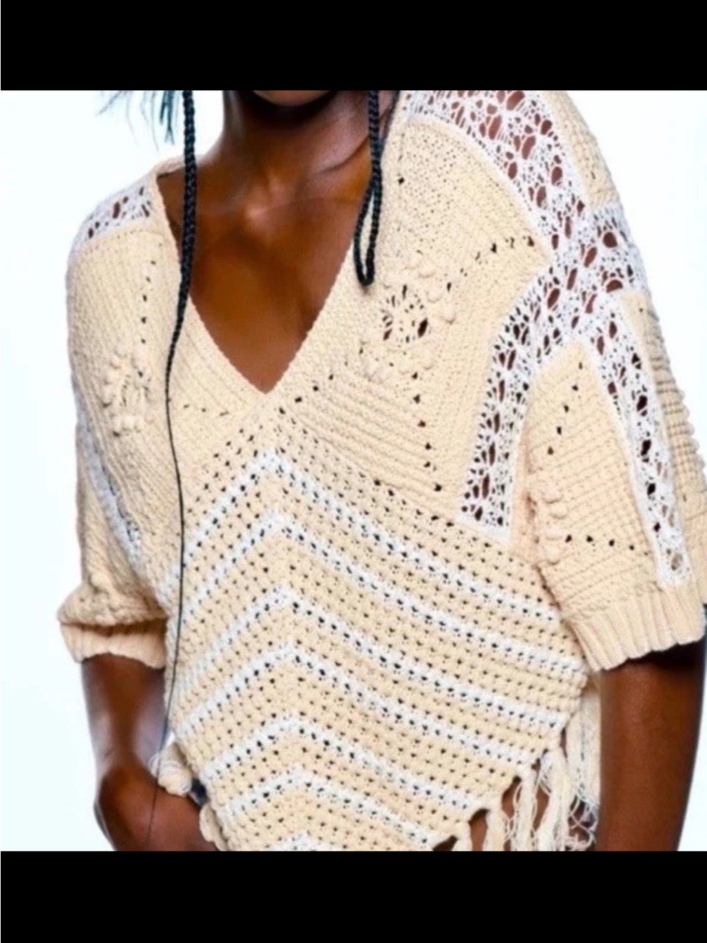 Zara Chic Crochet Knit Poncho Beige And White Nwt Size Xl (Fits Like Large)